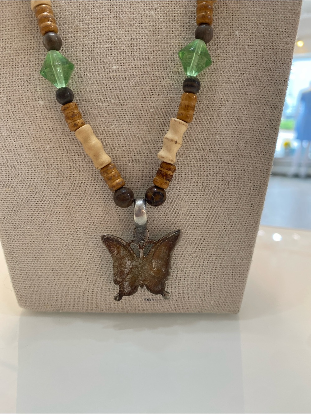 Handmade Green and Brown Beaded Necklace with Butterfly Pendant - Picture 3 of 4